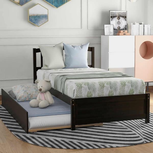 Polibi Espresso Wood Frame Twin Size Platform Bed with Trundle