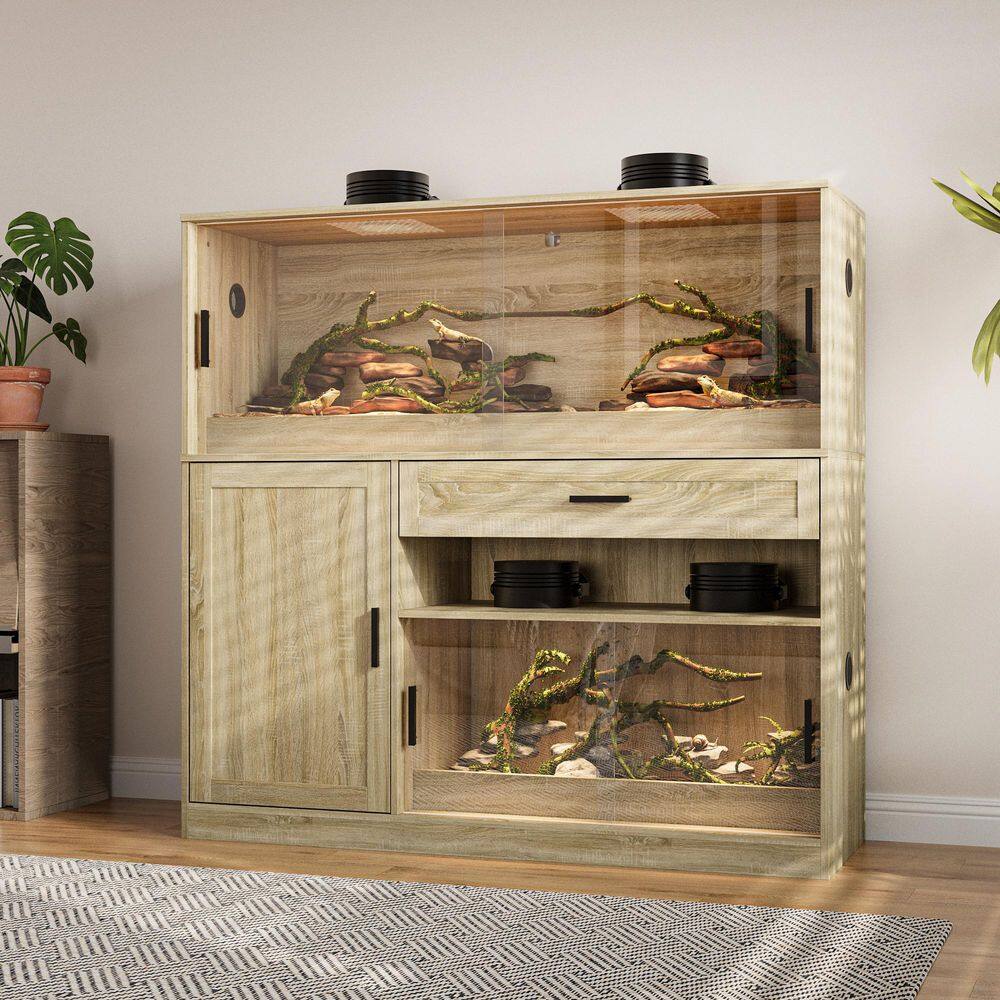 Small Animal Cage Dual-Level Wood and Glass Reptile Habitat with Ventilation Mesh, Sliding Doors, Storage Drawer, Large price history on PriceWatchPro