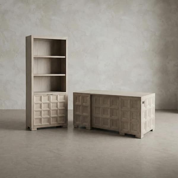 Flonnin 2-Pieces 66 in. Rectangle Modern Classic Tawny Brown Wood 7-Drawer Executive Desk With 3 Shelf Bookcase