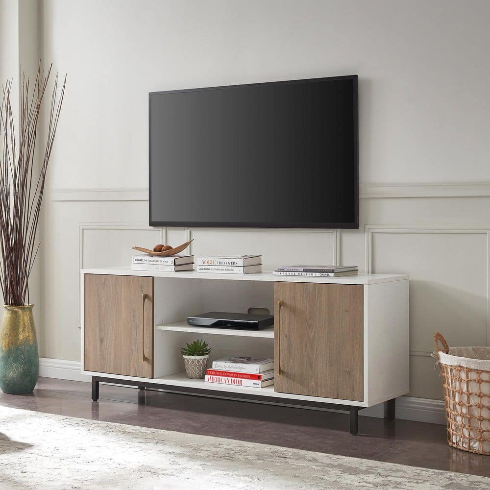 Julian Mid-Century Modern TV Stand in White & Antiqued Gray Oak with Brass Handles