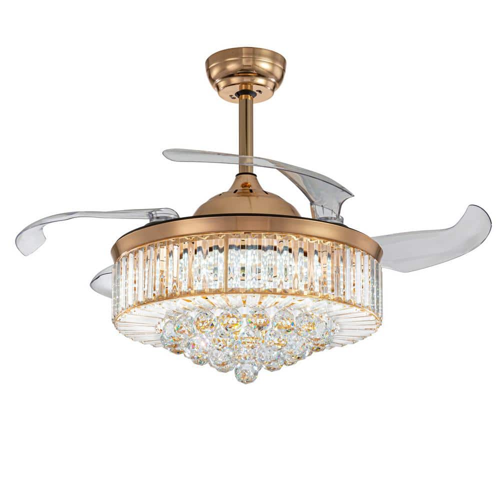 42-Inch Gold Crystal Retractable Ceiling Fan with LED Light and Remote
