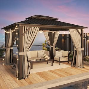 12 ft. W x 10 ft. D Black Aluminum Double Roof Hardtop Gazebo with Ceiling Hook, Curtains and Netting