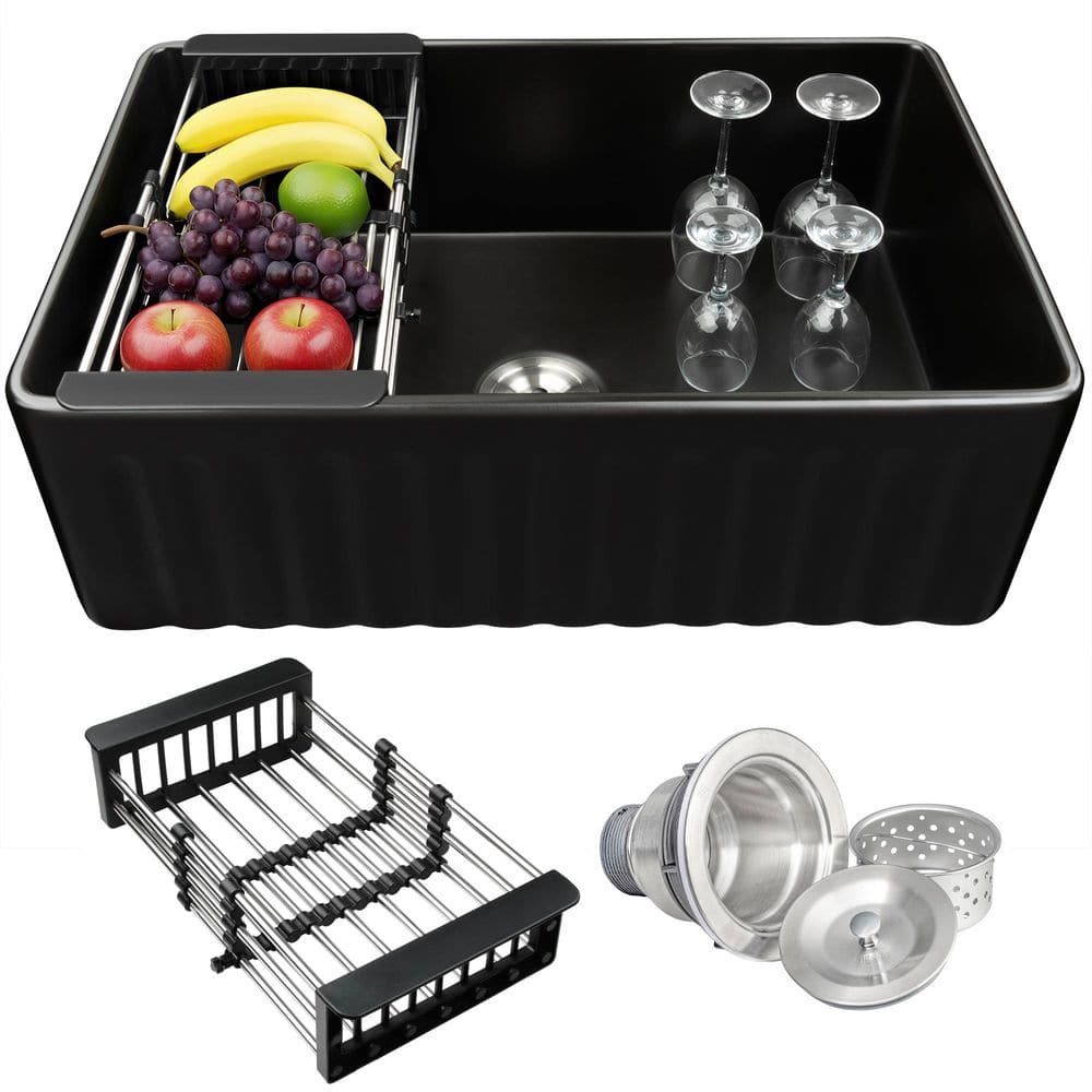 Black Fireclay 33 in. Single Bowl Apron-Front Kitchen Sink with Basket Strainer price history on PriceWatchPro
