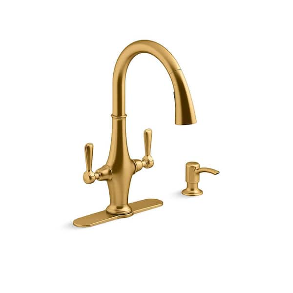 KOHLER Pannier Two-Handle Pull Down Sprayer Kitchen Faucet in Vibrant Brushed Moderne Brass