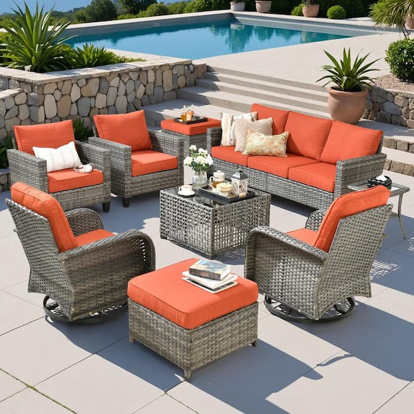 Lotus C 9-Piece Wicker Patio Conversation Seating Set with Swivel Rocking Chairs Coffee Table and Orange Red Cushions
