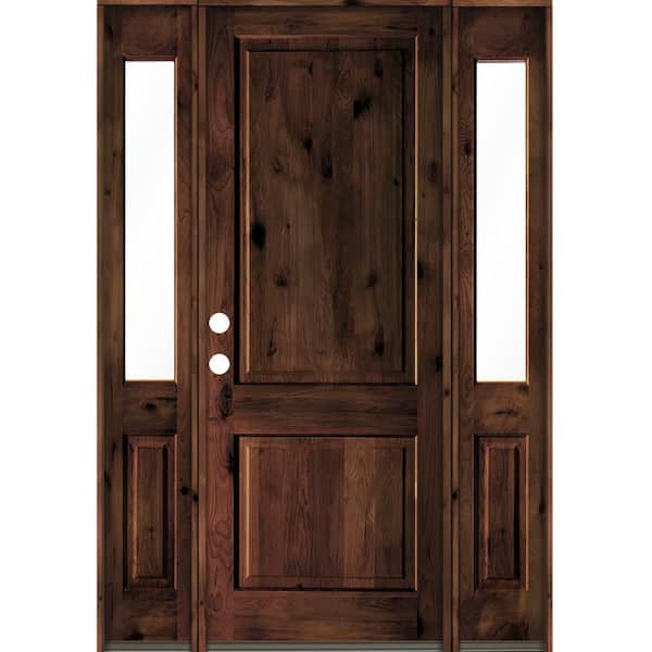 Krosswood Doors 64 in. x 96 in. Rustic Knotty Alder Square Top Red Mahogany Stained Wood Right Hand Single Prehung Front Door