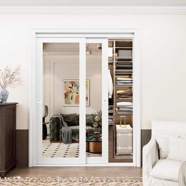 60 in. x 80 in. 1 Lite Mirror Glass White Finished MDF Interior Closet Sliding Door with Hardware and Handles