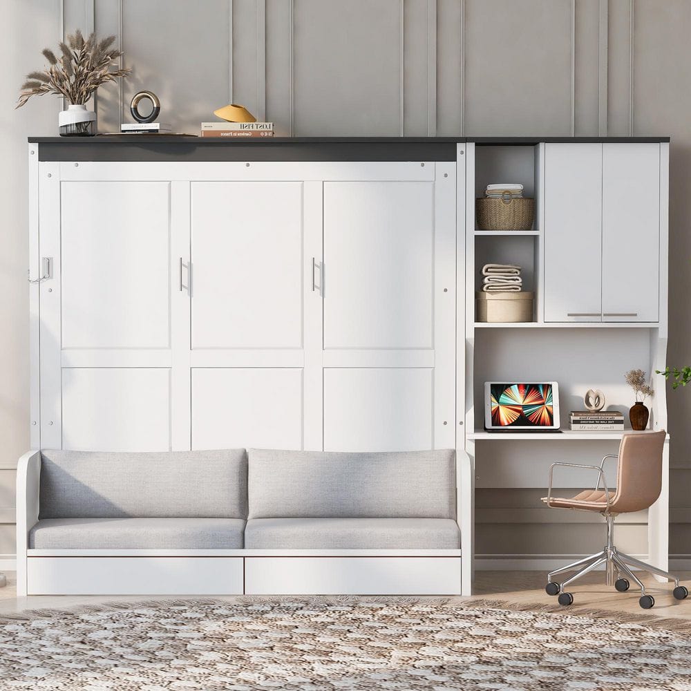 White Wood Frame Queen Size Space-Saving Foldable Murphy Bed with Sofa, Desk and Storage Cabinet price history on PriceWatchPro
