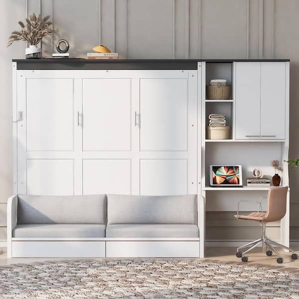 White Wood Frame Queen Size Space-Saving Foldable Murphy Bed with Sofa, Desk and Storage Cabinet