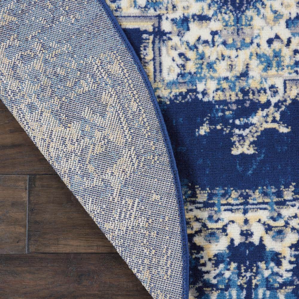 Navy Blue Round Medallion Synthetic Traditional Rug