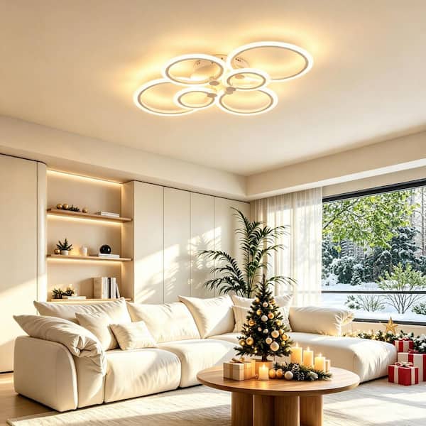 31 in. White Modern Integrated LED 6 Rings Circle Semi- Flush Mount Ceiling Light with Remote Control for Living Room