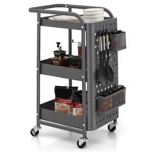 Gray Carbon Steel Multifunction 3-Tier Kitchen Cart with Pegboards and Lockable Casters