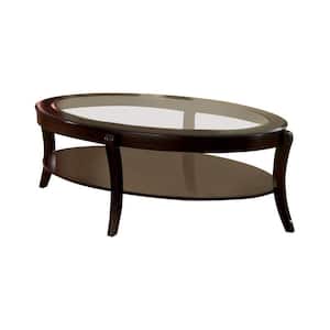 49 in. Espresso Large Oval Glass Coffee Table with Shelf