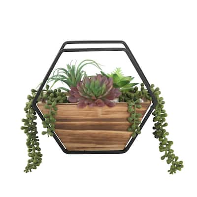 11 in. Hexagon Wood and Metal Wall Faux Succulents Mix