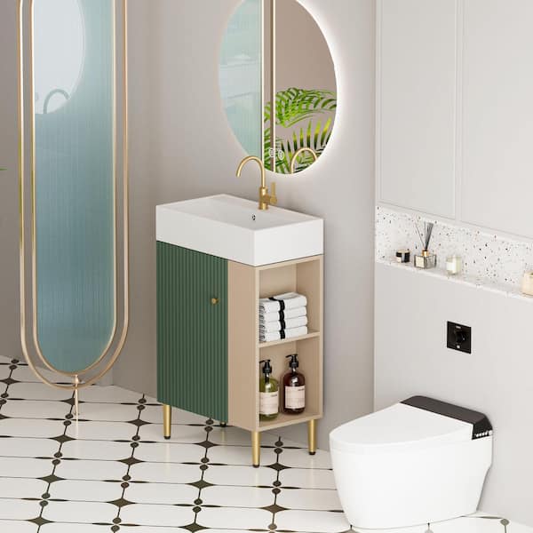 21-5/8 in. W x 12-1/5 in. D x 33-7/8 in. H Single Sink Right Side Open Shelf Bath Vanity in Green with White Ceramic Top