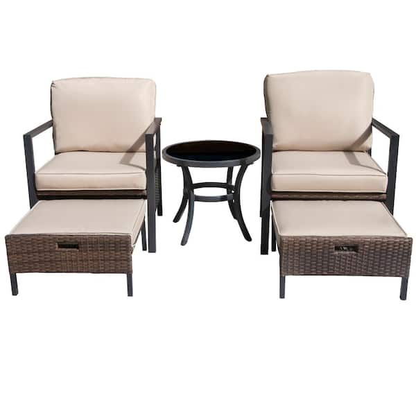 TIRAMISUBEST 5-Piece Wicker Patio Conversation Set with Champagne Cushions and Ottoman