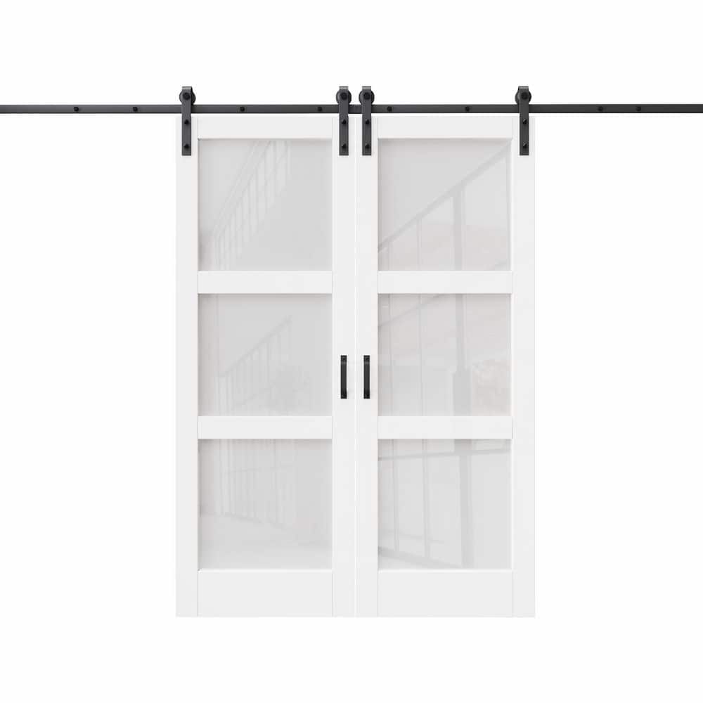 56 in. x 80 in. 3-Lite Frosted Glass White Primed MDF Double Sliding Barn Door with Hardware Kit and Soft Close price history on PriceWatchPro