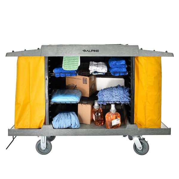 Alpine Industries 2 Wire Shelf Pvc Janitorial Platform Cleaning Cart With 2 Yellow Vinyl Bags 463 1 The Home Depot