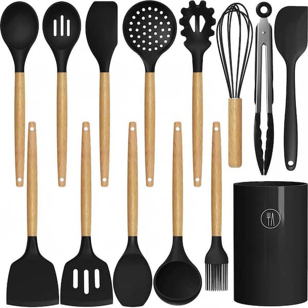 14 Pack Heat-Resistant Cooking Utensils Set, BPA-Free Food-Grade Silicone, Non-Stick Cookware Safe, Wood Handle, Black