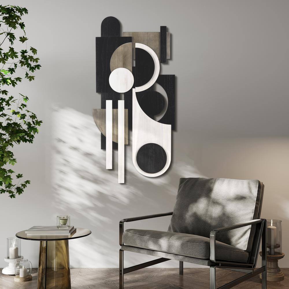 Luminous Whisper 48" x 24" Black and White Paulownia Wood Abstract Wall Art