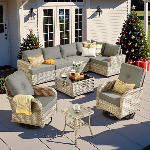Merritt 9-Piece Wicker Outdoor Furniture Patio Conversation Sofa Set with Swivel Chairs and Dark Grey Cushions