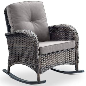 PlainCurve Metal and Brown Wicker Outdoor Rocking Chair with Olefin Gray Cushions