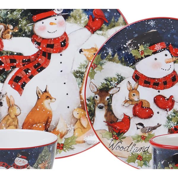 Service for 4 Multicolored Certified International Magic of Christmas Snowman 16pc Dinnerware Set