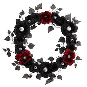 24 in. Black Eyeball Rose Halloween Artificial Wreath