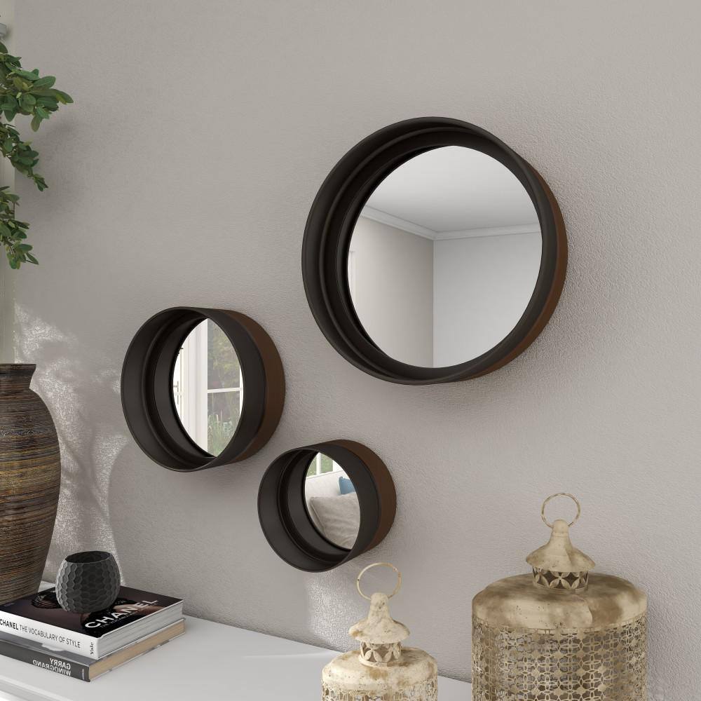 Set of 3 Round Bronze and Wood Wall Mirrors