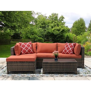 3-Piece Wicker Patio Conversation Sectional Seating Set with Orange Cushions