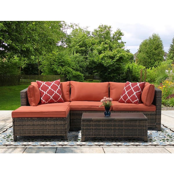 EDYO LIVING 3-Piece Wicker Patio Conversation Sectional Seating Set with Orange Cushions
