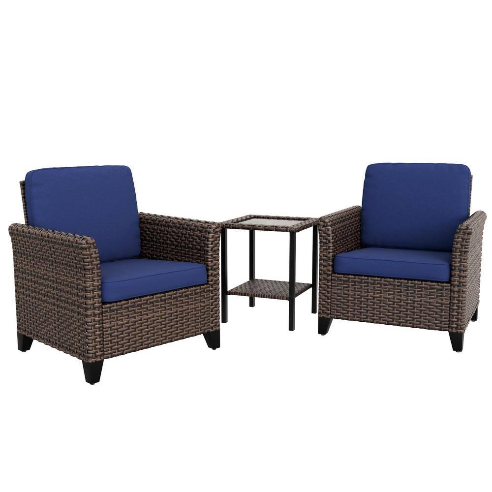 Blue Cushioned 3-Piece Black Steel Wicker Patio Set