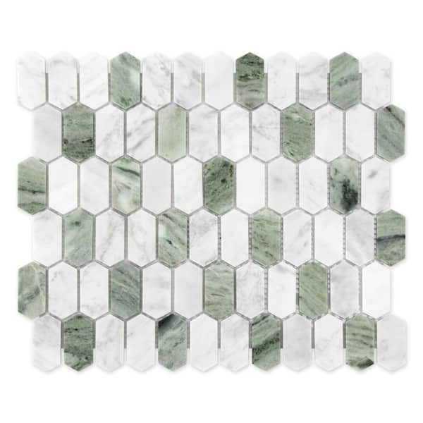 Long Hexagon Green and Carrara White 12 in. x 10 in. Honed Natural Marble Floor and Wall Mosaic Tile (8.4 sq. ft. /Case)