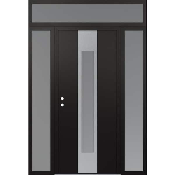 A1 64 in. x 96 in. Silver P Right-Hand/Inswing Frosted Glass Black/White 2 Sidelite+Transom Steel Prehung Front Door