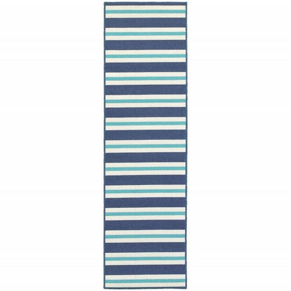 Blue, Ivory 2 ft. x 8 ft. Loomed Geometric Polypropylene Rectangle Indoor/Outdoor Area Rug