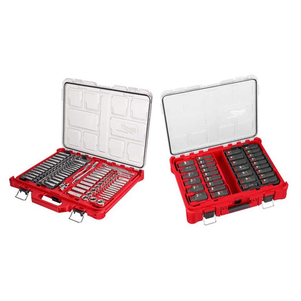 Milwaukee 3/8 in.  1/4 in. Drive SAE/Metric Ratchet w/Socket Set  1/2 in. Drive  Metric Impact Sockets w/PACKOUT Cases(137-Piece) 48-22-9486-49-66-6806  The Home Depot