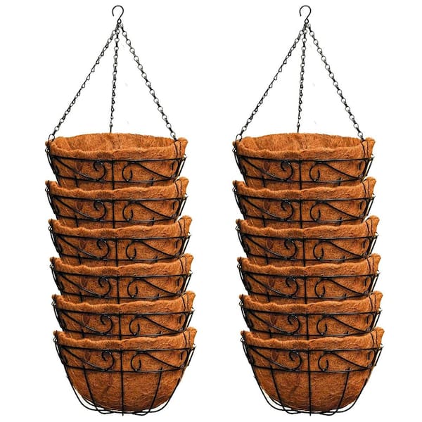 16 in. Black Metal Hanging Planter Baskets with Coco Liners for Flowers and Outdoor Decor (12-Pack)