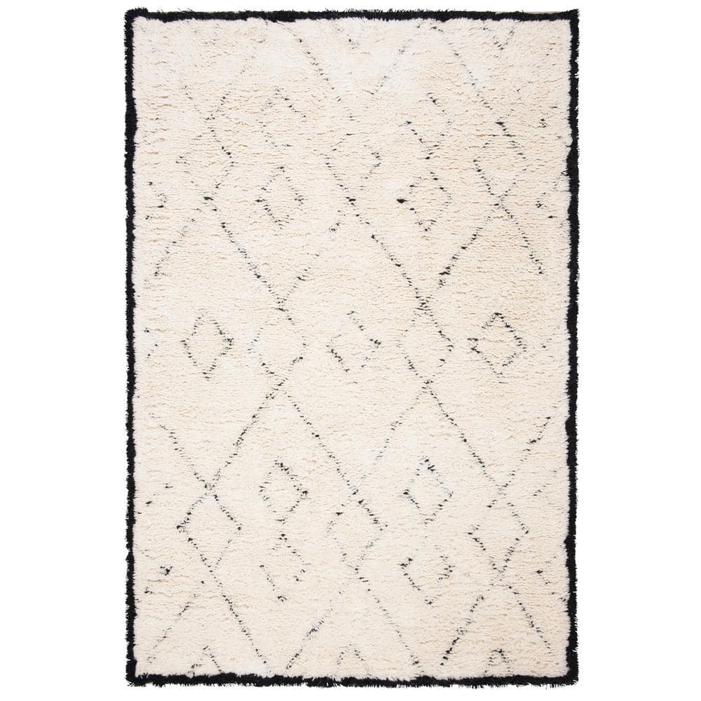 Ivory and Black Geometric Wool Shag Area Rug 3' x 5'