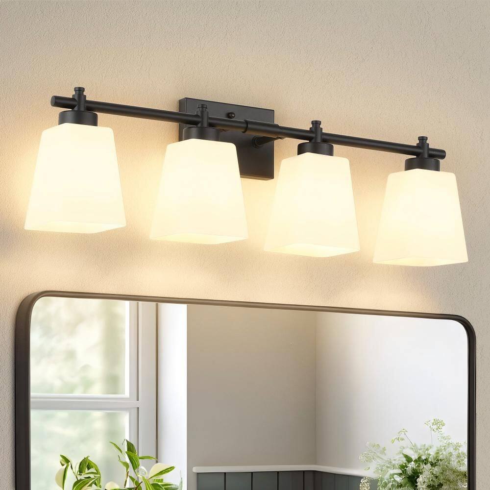 28.15 in. 4-Light Matte Black Modern Bathroom Vanity Light with Milky White Glass Shades price history on PriceWatchPro