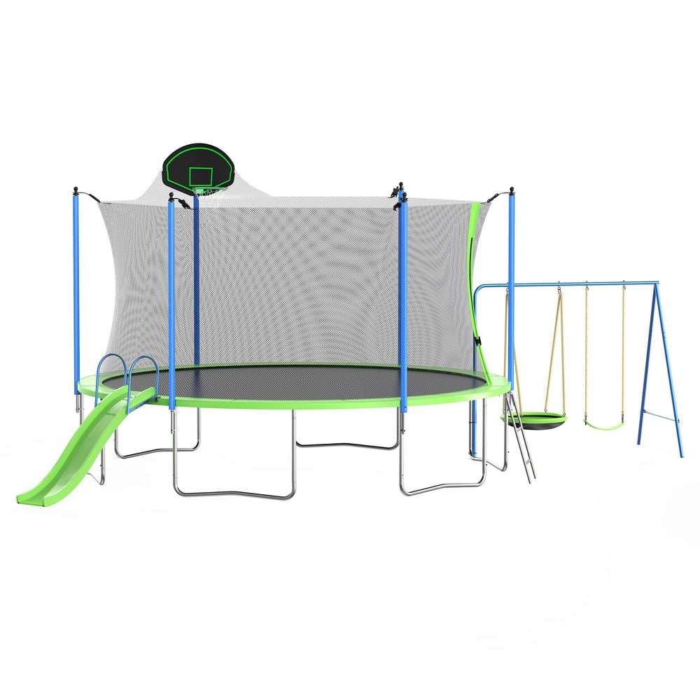 Green 14 ft.  Trampoline with Basketball Hoop, Ladder, Net, Slide and Swing
