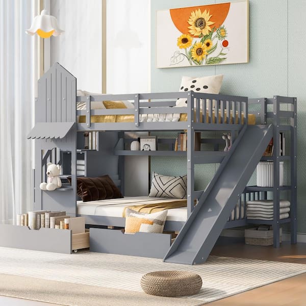 Polibi Gray Full-Over-Full Castle Style Bunk Bed with 2-Drawers 3-Shelves and Slide