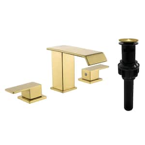 Modern 8 in. Widespread Low Arc Bathroom Faucet with Drain Assembly in Brushed Gold