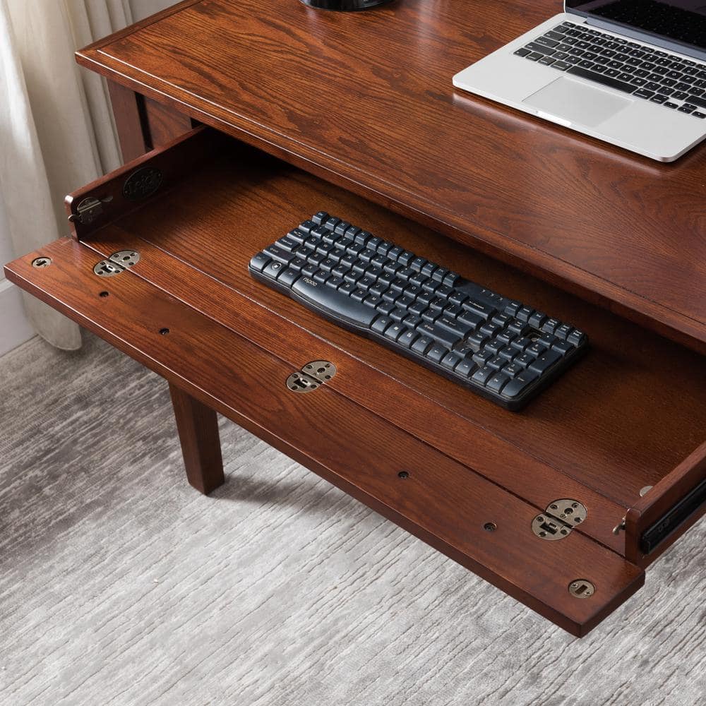 Compact Mission Oak Desk with Drop Front Keyboard Tray and Drawer