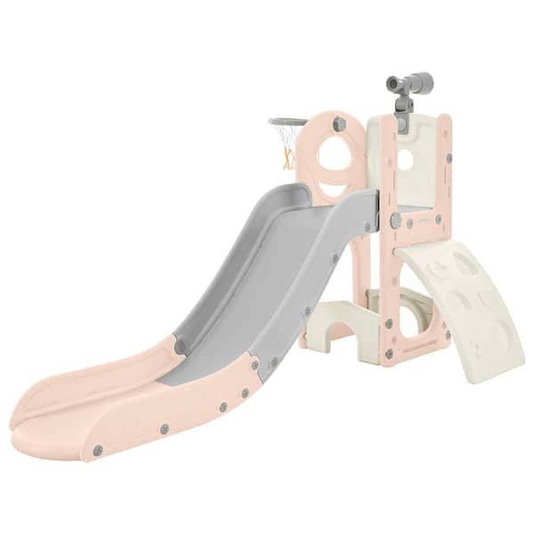 Unbranded 5 in 1 Pink Kids Slide Playset, Freestanding Spaceship Set with Slide, Telescope and Basketball Hoop, Golf Holes