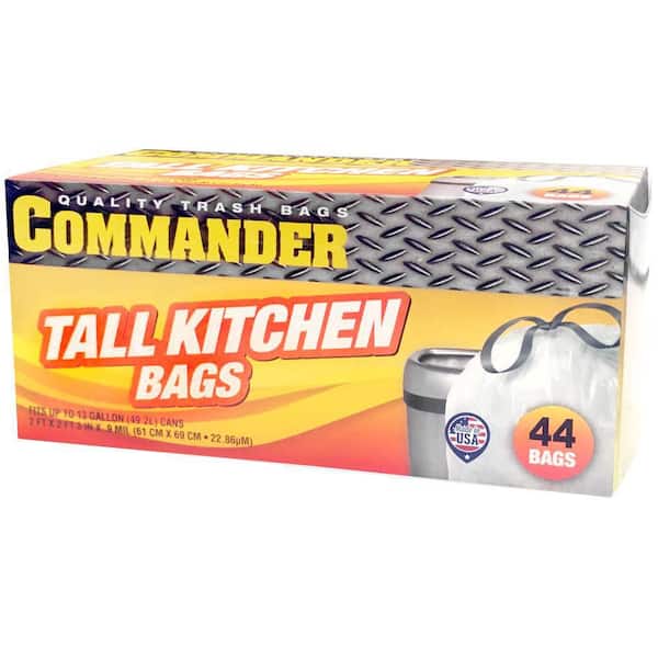 Commander 24 in. x 27 in. 13 gal. 0.9 Mil White Tall Kitchen Drawstring Trash Bags Pack of 44 for Home