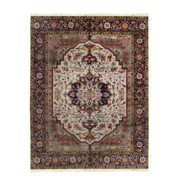 EORC Ivory Hand Knotted Wool Traditional Classic Weave Rug, 6 ft. x 6 ft. Area Rug