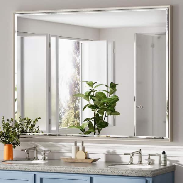 48 in., W x 30 in., H Aluminum Beveled Edge Rectangular Framed Bathroom Vanity Wall Mount Mirror in Brushed Nickel