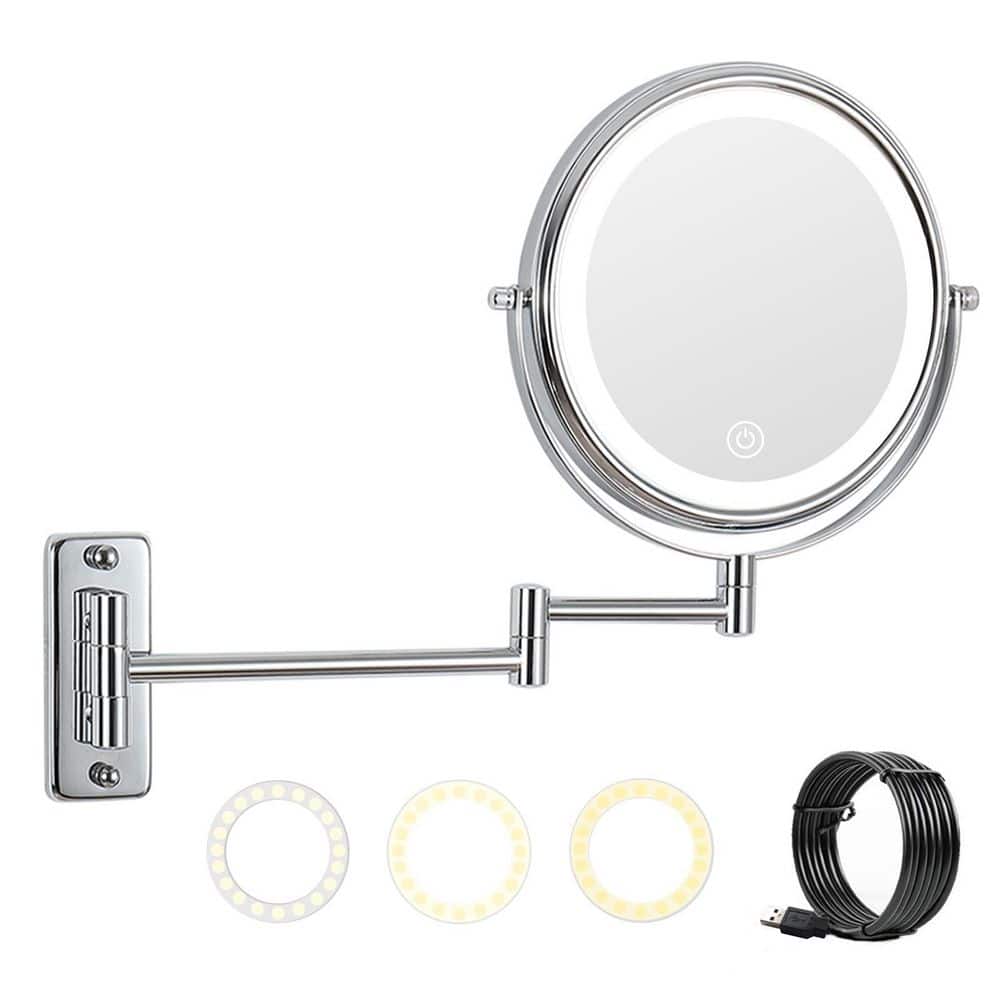 WOODSAM in. H x in. W LED Lighted Round Wall Mount Bi-View 10X/1X  Magnification Bathroom Makeup Mirror in Chrome LS8K-WL-C The Home Depot