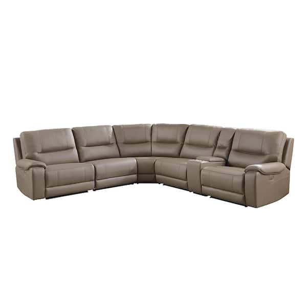 Lazzara Boise 128 in. Straight Arm 6-piece Microfiber Modular Power Reclining Sectional Sofa in Taupe with Power Headrests