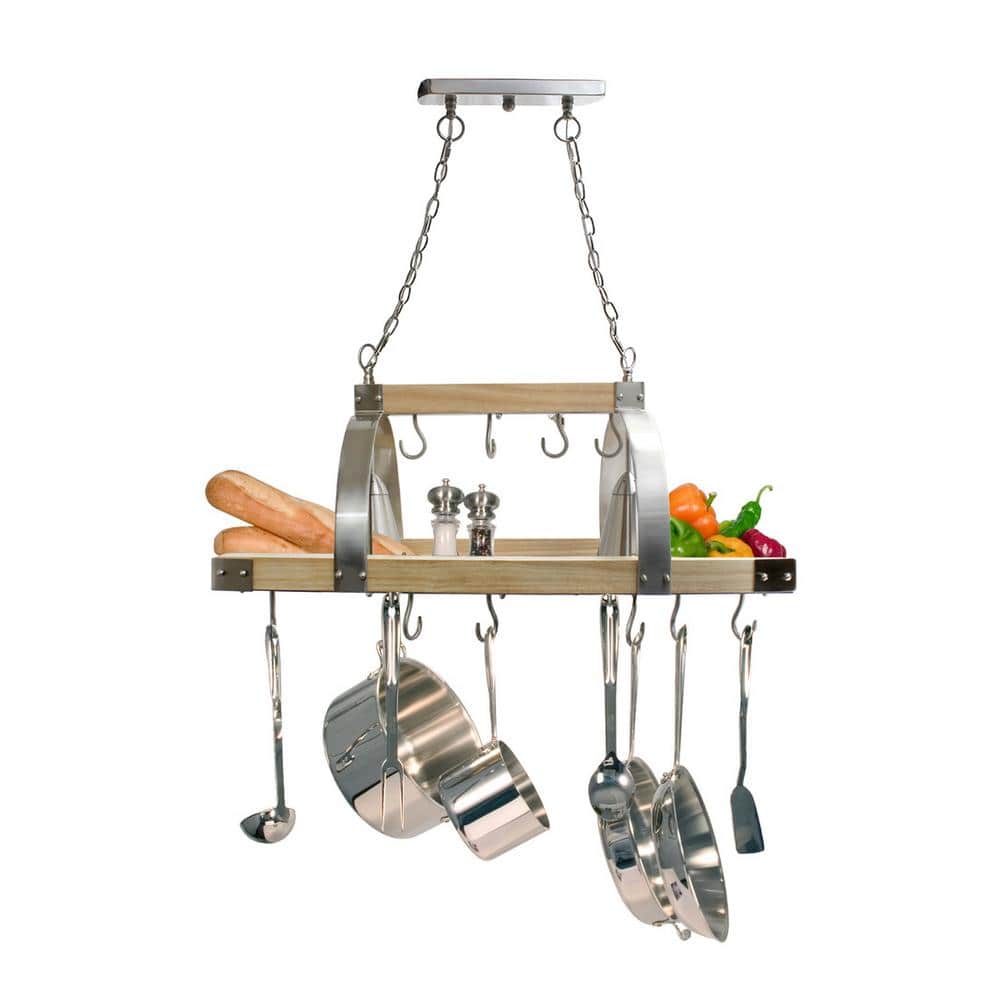 Natural Wood and Brushed Nickel 2-Light Ceiling Pot Rack
